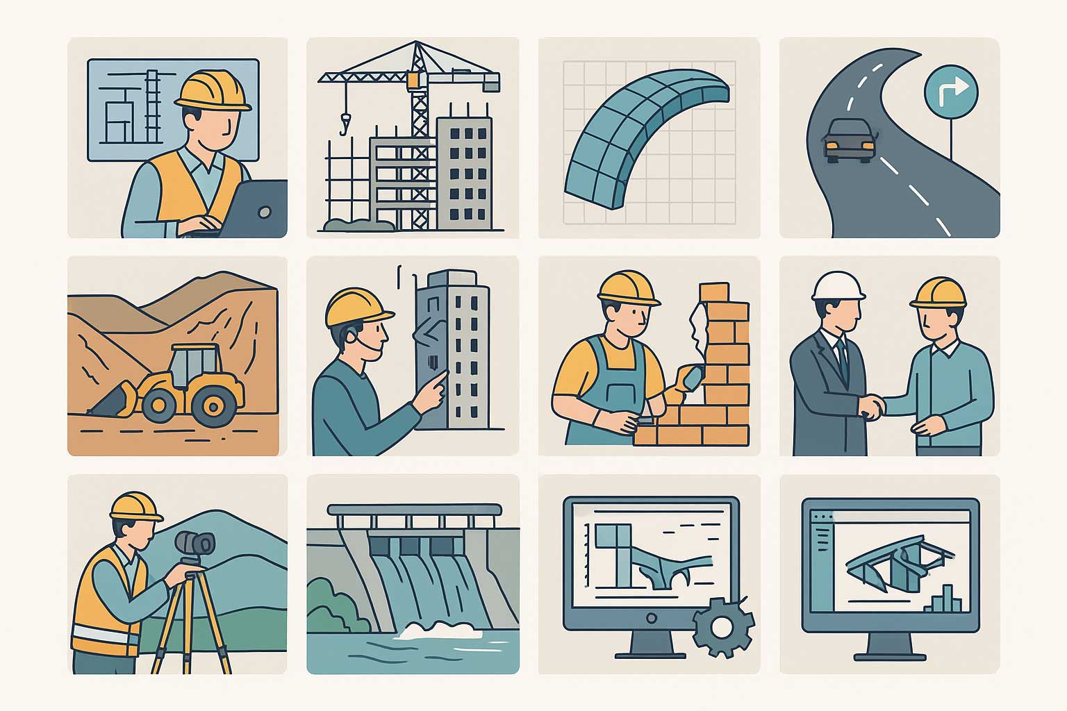 تصویر مفهومی از شاخه‌های مختلف مهندسی عمران شامل سازه، راه، ژئوتکنیک، زلزله، نقشه‌برداری، آب و نرم‌افزارهای عمرانی